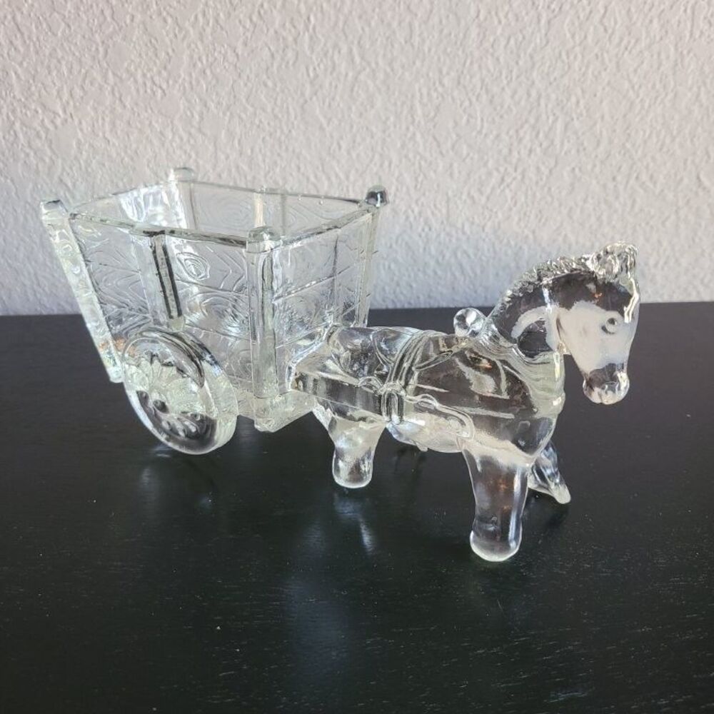 Vintage Jeannette Glass Donkey Cart Planter Clear Pressed Horse Wagon MCM 10"